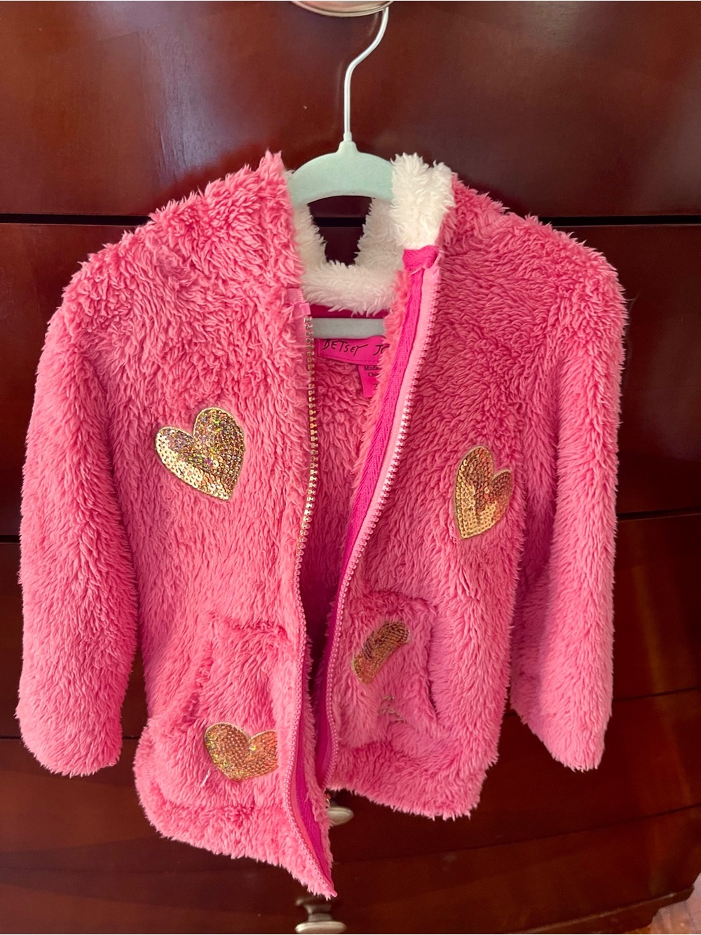 Betsey Johnson Pink Fuzzy Heart Patch Kids Jacket